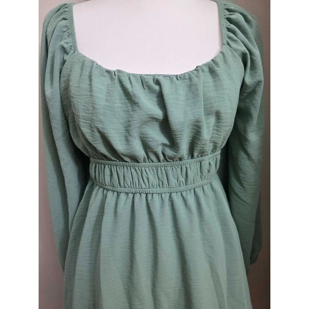 Altar’d State Sage Green Tiered Mini Dress M Square Neck Long Sleeve Belted